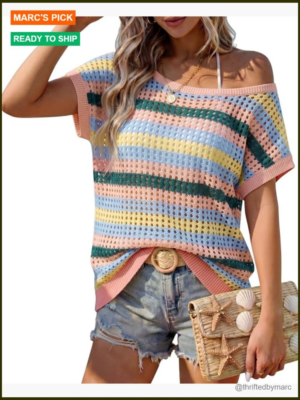 Crochet Knit Off Shoulder Sweater Cover Up Beach Vacation Trendy Short Sleeve
